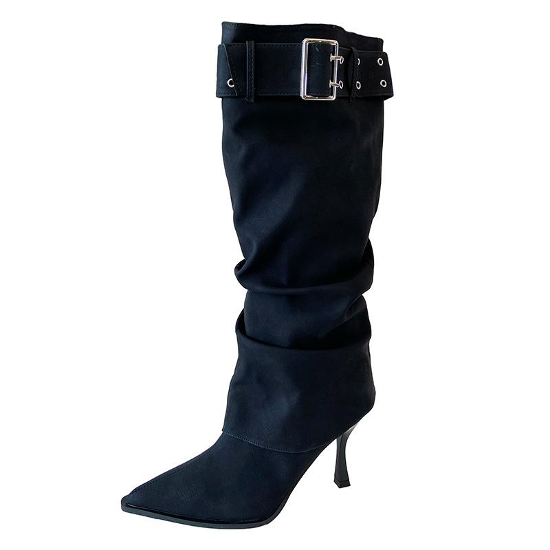 F868-3 Removable two-wear 2025 new autumn and winter high-heeled boots women's pointed thin heels thin boots belt buckle