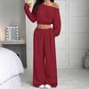 Tuta da Donna Vestibilità Larga Spalle Scoperte Manica Lunga Crop Top Vita Alta Pantaloni Larghi Tuta Due Pezzi