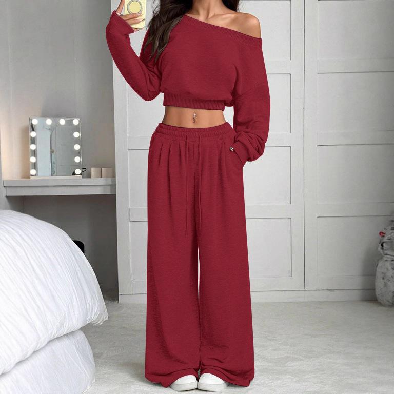 Tuta da Donna Vestibilità Larga Spalle Scoperte Manica Lunga Crop Top Vita Alta Pantaloni Larghi Tuta Due Pezzi