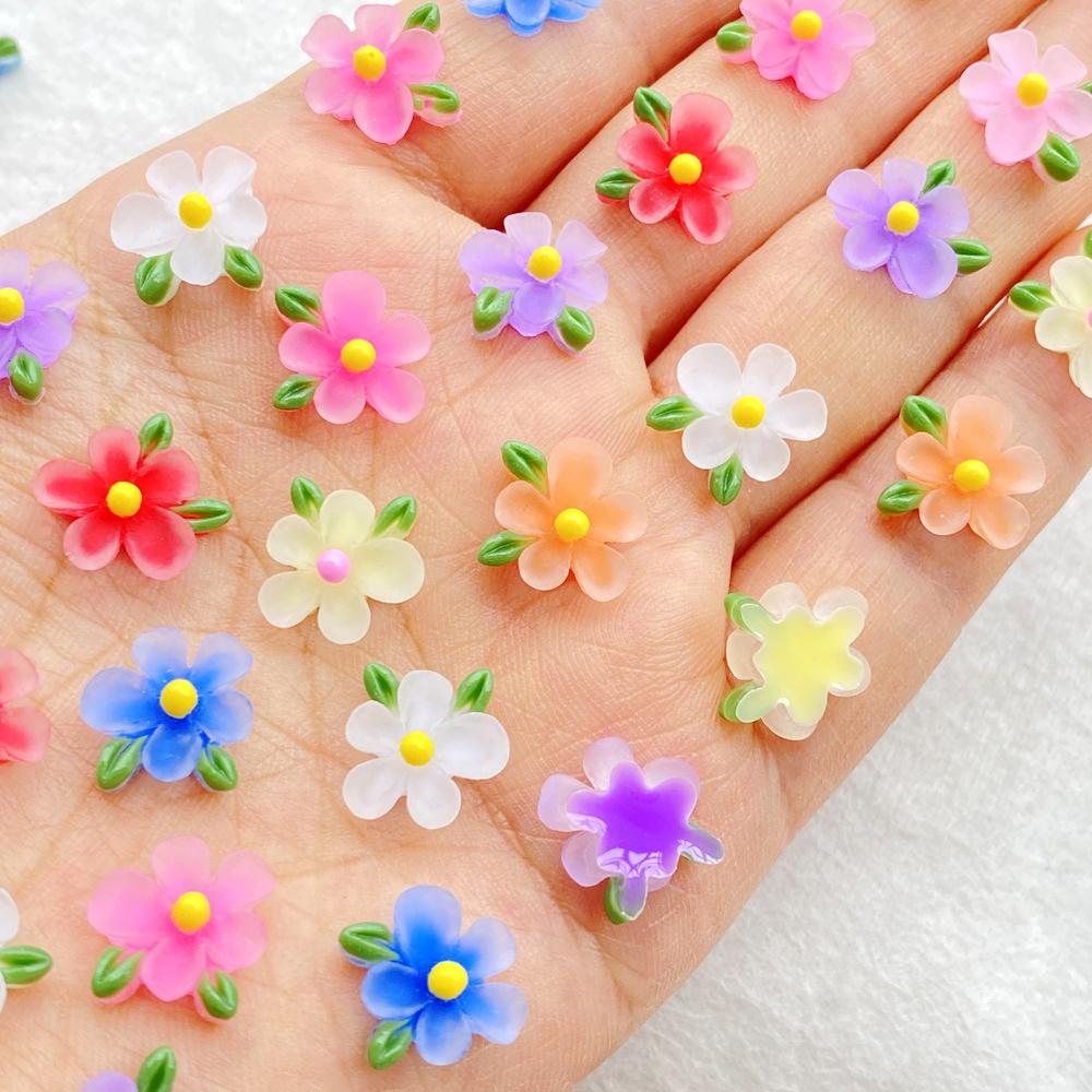 50Pcs Cute Cartoon Mini Colored Flowers and Leaves Nail Art Resin Designer Charms DIY Craft For Nail 3D Decorations Jewelry