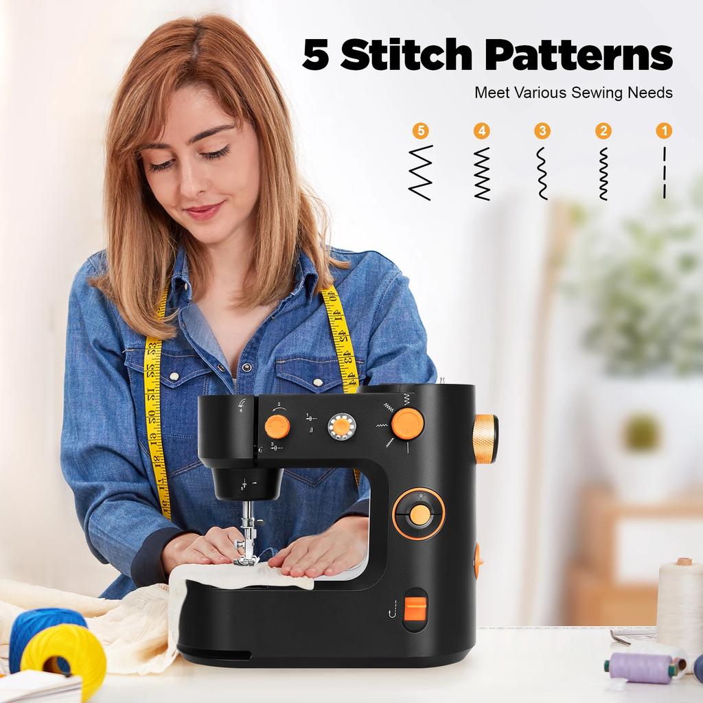 Black Portable Electric Home Sewing Machine with Two Modes and Five Sewing Methods, Compact Sewing Worktable with LED Lighting