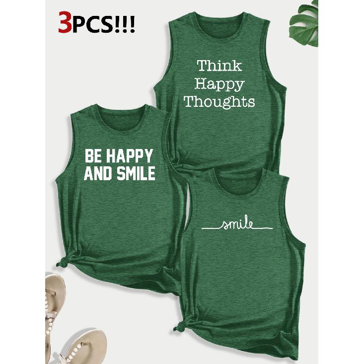 ThinkHappy Text Combination Gift Print Pattern Round neck3Pack of Sleeveless Vests for Women In Spring, Summer, and Autumn