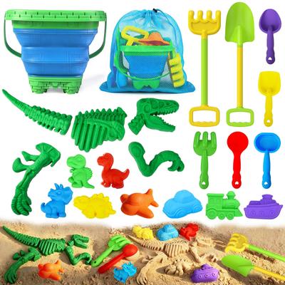 Sandpit Set, 22 Pieces, Beach Toy, Dinosaur Skeleton Mold & Mini Dinosaur Shape, Shovel, Rake & Stackable Bucket Included, Soft Material, Suitable