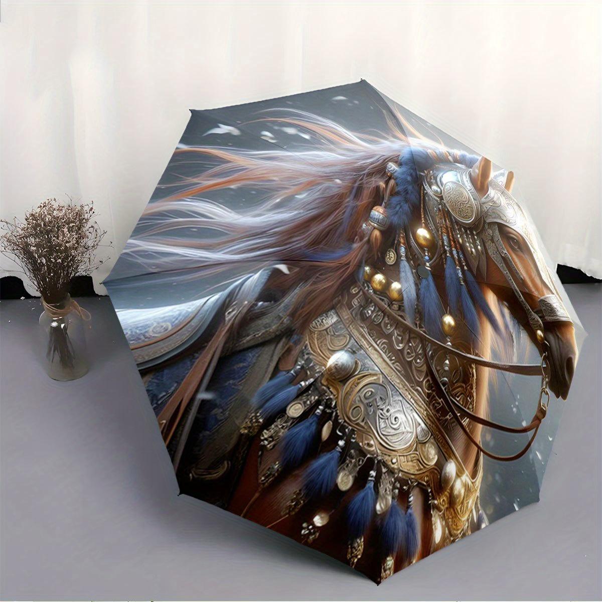 

Opening/Closing Folding Umbrella with Horse Armor Design - Self-Opening/Closing, 8-Rib Compact Portable Canopy, Elegant Misty (as the picture,Iron&8K)