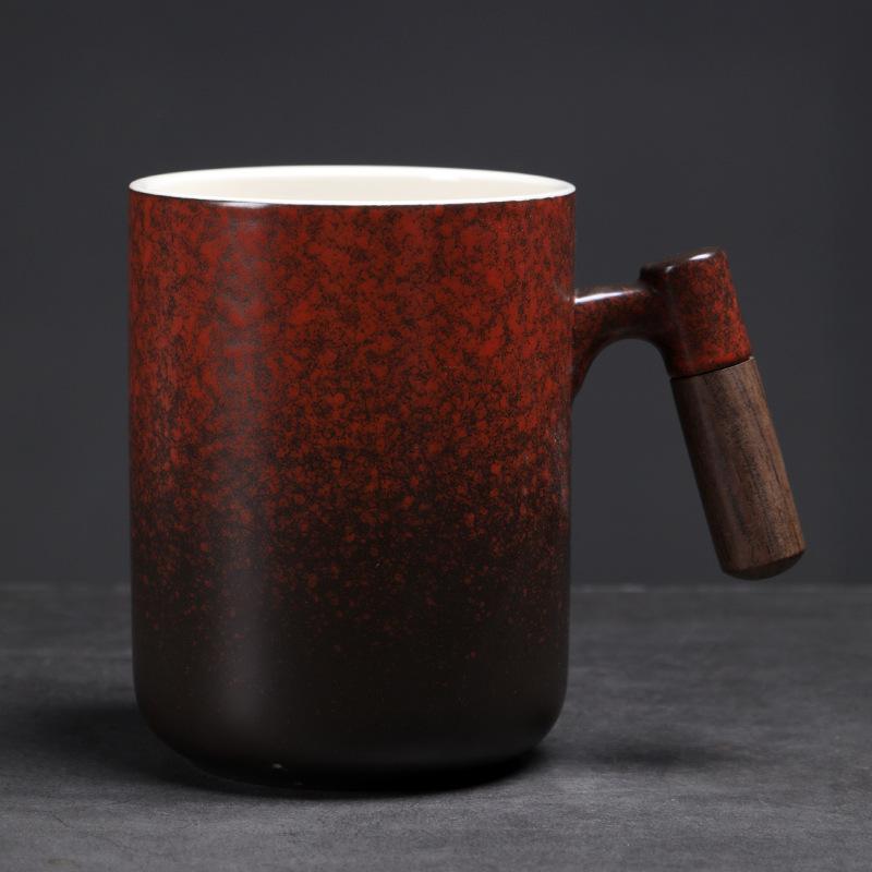 800Ml Large-capacity Mug Kiln-changed Ceramic Water Cup Retro Coarse Pottery Coffee Cup Creative Wooden Handle Beer Cup