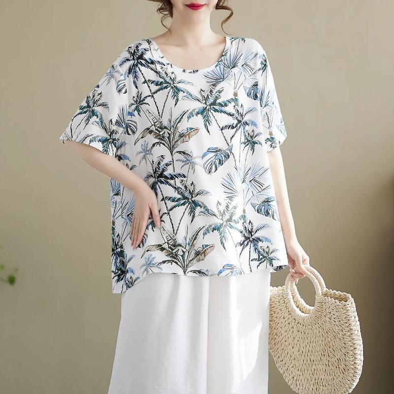 Womens Leaf Print Blouse Casual Round Neck Short Sleeve Loose Fit Top