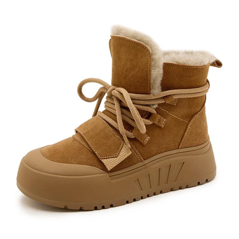 Fleece Leather Snow Boots Women's Winter New High-top Cotton Shoes Versatile Casual Thick Sole Thickened and Comfortable