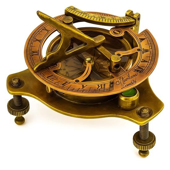 Brass Sundial Compass with Wooden Box: Nautical Maritime Decor