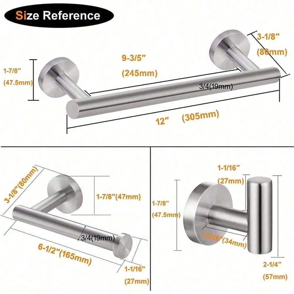 3-Pieces Bathroom Hardware Set SUS304 Stainless Steel Wall Mounted - Includes 12" Hand Towel Bar, Toilet Paper Holder, Robe Hook
