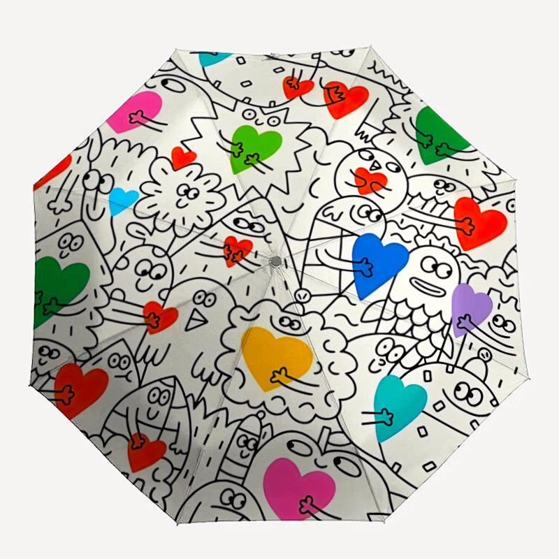 

1pc Heart Monsters Automatic Folding Umbrella with 8-Rib Windproof Design, Portable Foldable Sunshade Umbrella For Halloween 096