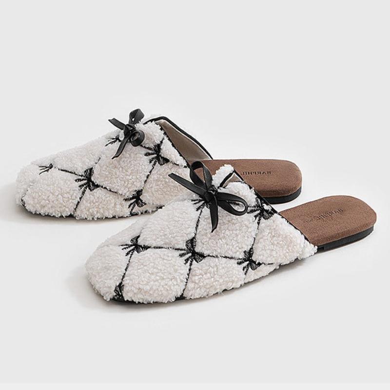 Fashion Sweet Bow Decorative Home Slippers Women Fashion Plaid Fluffy Design Cotton Slippers Comfortable Non-slip Flat Modern Slippers