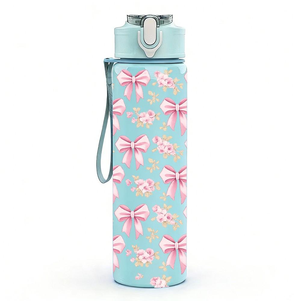 1PC Pink Bow Soft Girl Seamless Pattern Print 750ml Color Plastic Sports Water Bottle Leakproof Flip Straw Lid Suitable for Sports Office Home Use