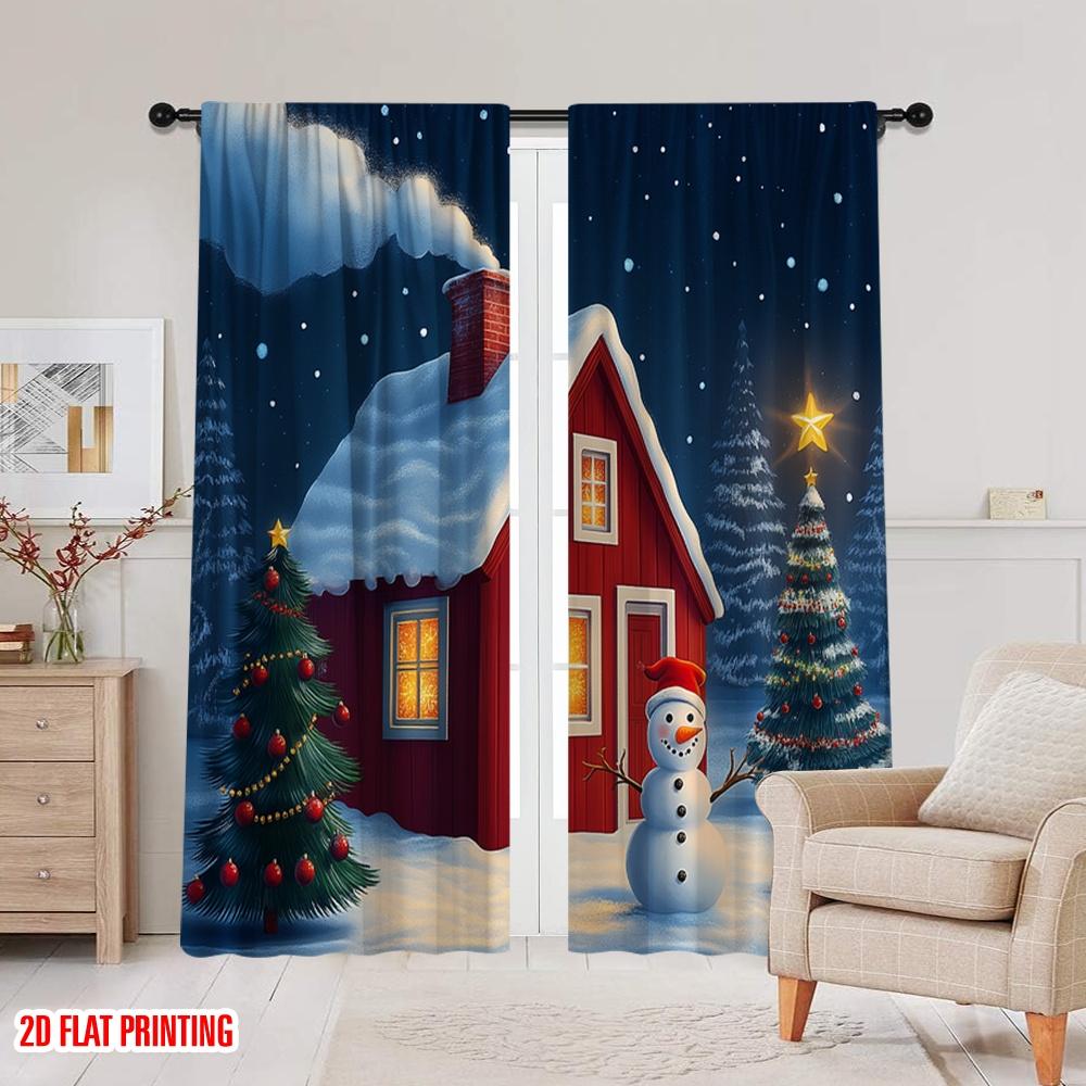 2pcs,2D plane printing Popular Curtain Panels Christmas Cabin Snowman Tree (4) Versatile Durable Polyester (without rod)