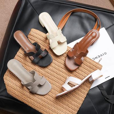 Summer New Three Centimeters Low-heeled Sandals  Thick-heeled Slippers Women Wear One-word Beach Shoes Women's Sandals