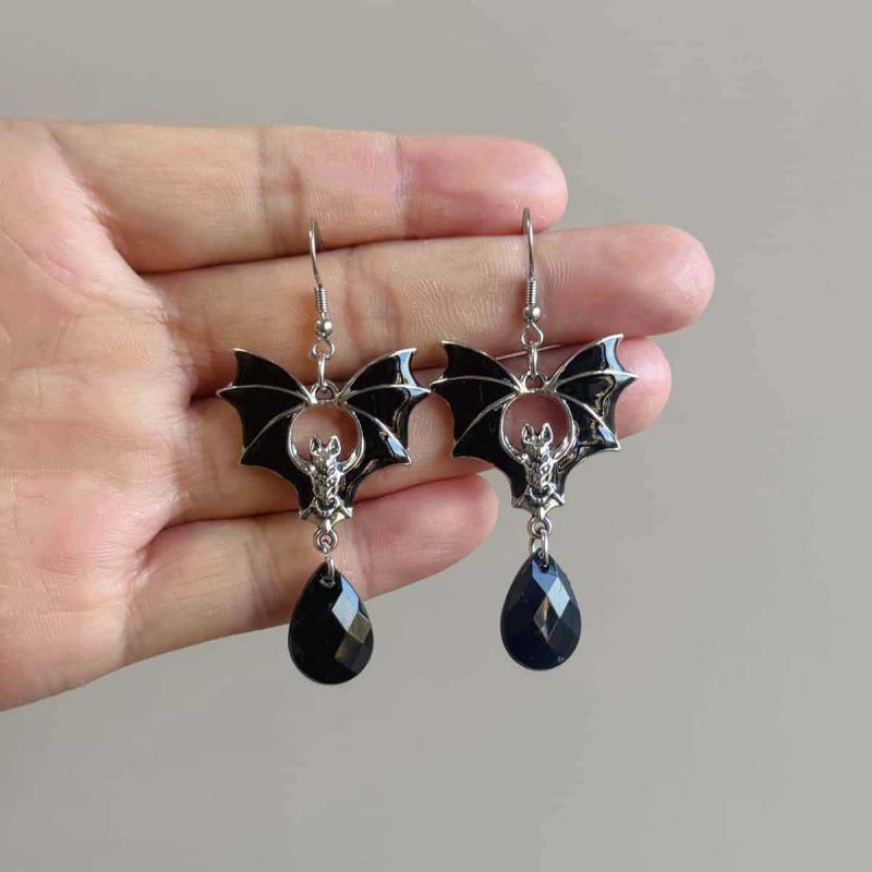 Silver Bat & Red Black Water Drop Gothic Punk Halloween Earrings
