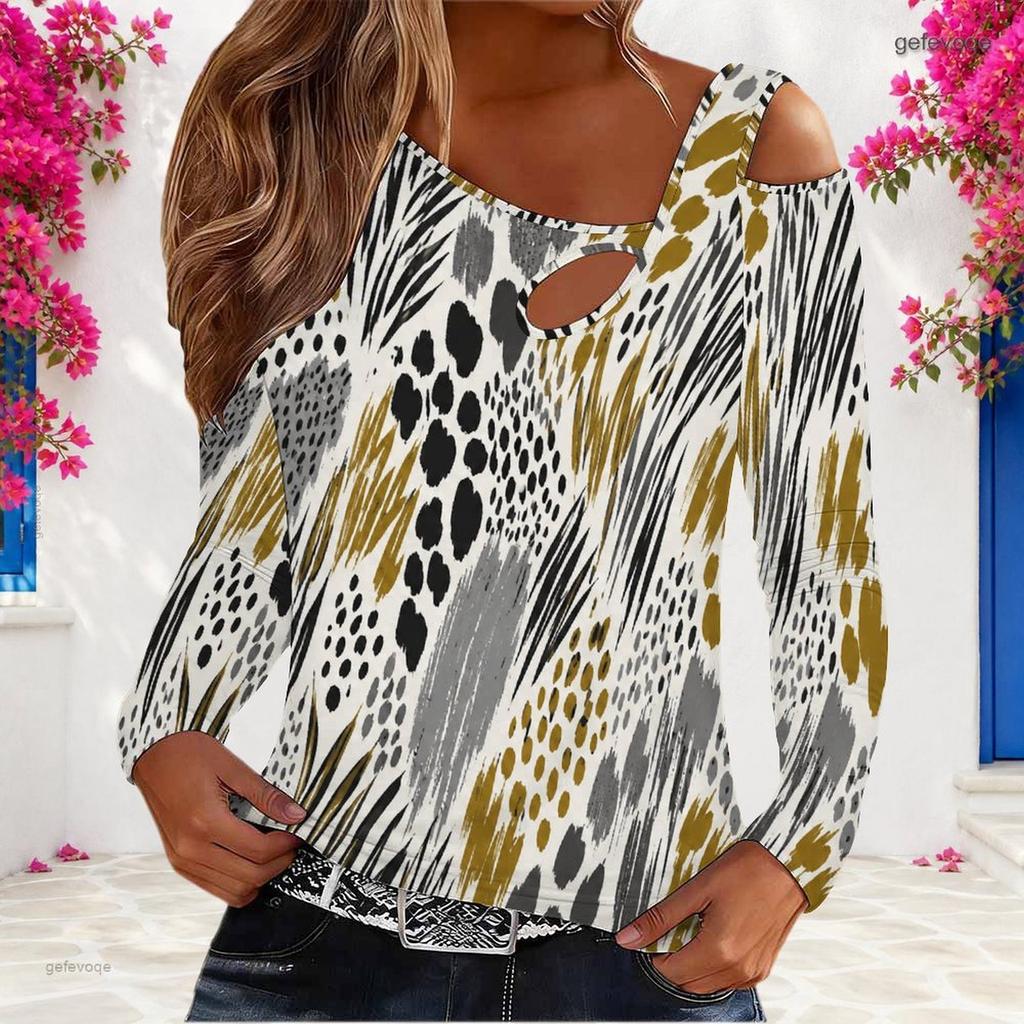 Women Plus Size Camouflage Print Asymmetric Cutout Cold Shoulder Long Sleeve Fitted Top