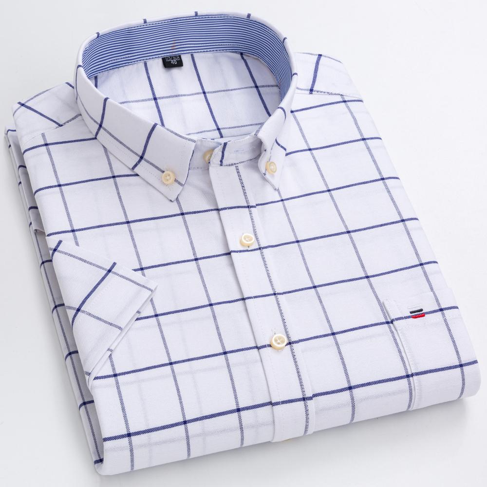 Pánská jarní letní košile s krátkým rukávem ze 100% bavlny Oxford s kapsou, kostkovaná, ležérní, lehká, prodyšná, odolná, ginghamové košile