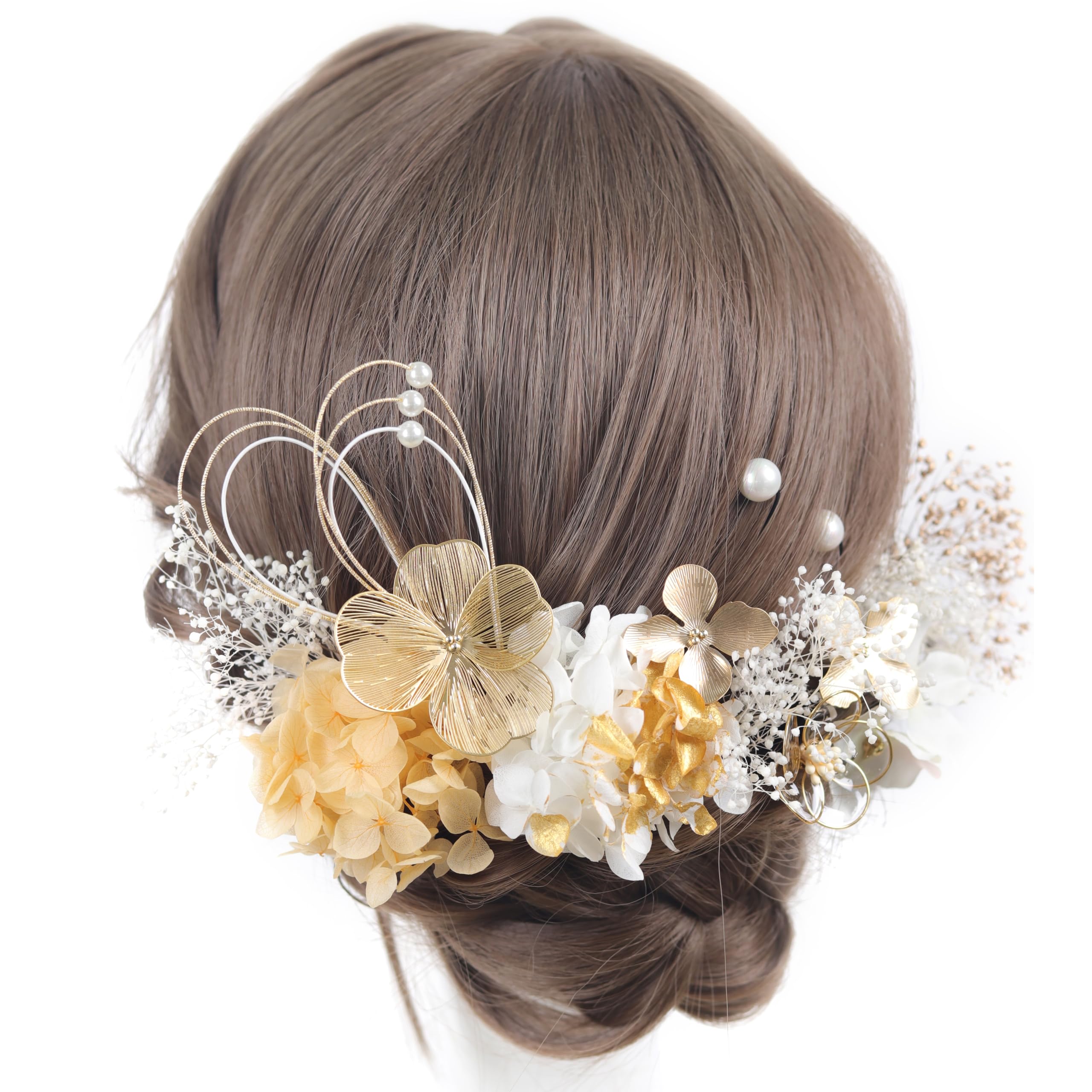 

[Handmade by NANA] Hair Ornament - Gold Flower, Hydrangea, Baby s Breath, Mizuhiki (decorative cord) - Perfect for Coming-of-Age Ceremony, Wedding,
