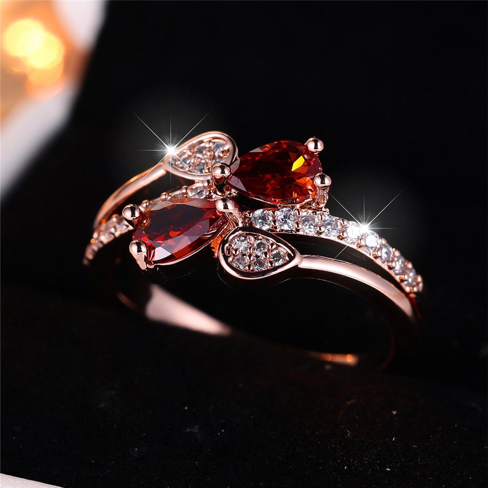 Luxury Female Red Stone Water Drop Finger Ring Vintage Rose Gold Color Wedding Band Bridal Jewelry For Women