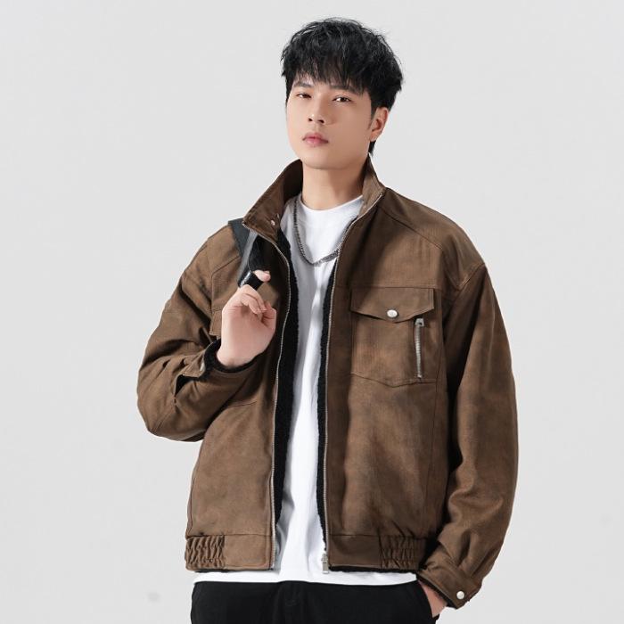 CO8000 Men's Versatile Lambswool Reversible Jacket with Patch Label, Casual Long Sleeve.