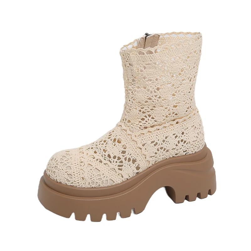 

Сетчатые ботильоны на высоком каблуке, современные, летние, новые, однотонные, с круглым носком, женские 2025, высокое качество, квадратный каблук, дышащие женские ботинки 40 бежевый
