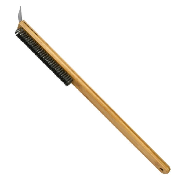 

Pizza Brush with Long Wooden Handle and Scraper Steel Bristles for Safe and Efficient Cleaning of Ovens and Pizza Stone 1