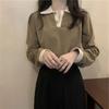 Women's Turn Down Collar Long Sleeve Polo Top Straight Fit Casual Blouse Color Block Contrast Ribbed Knit Shirt