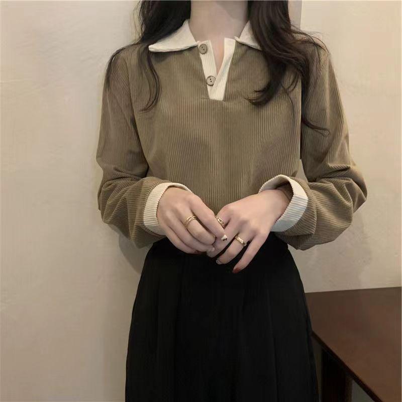 Women's Turn Down Collar Long Sleeve Polo Top Straight Fit Casual Blouse Color Block Contrast Ribbed Knit Shirt