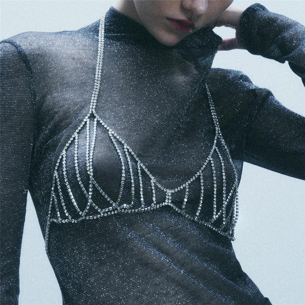 Xqwewanticedd Women's Silver European And American Fashion Bra Multi-Layer Rhinestone Fringed Chest Chain Sexy Bikini Bra Body Chain Chest Chain