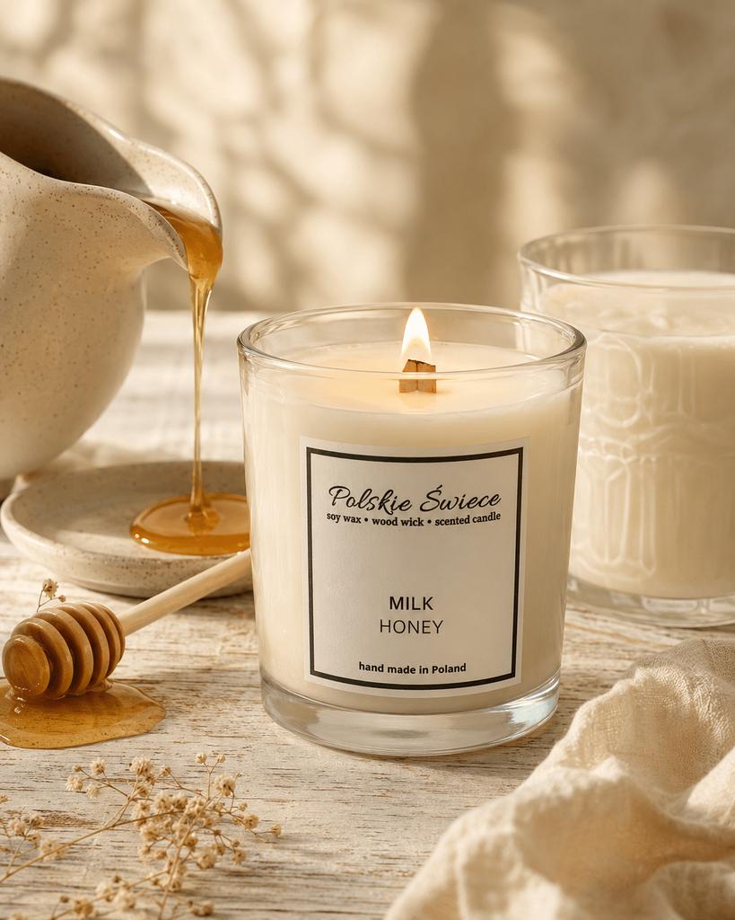 soy candle with a wooden wick + MILK HONEY