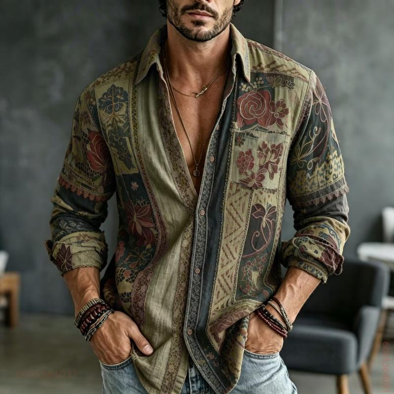 Men's Long Sleeved Shirt with Floral Totem Full Print Top, Versatile for Daily Use, Fashionable and Comfortable Casual Shirt