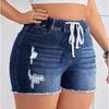 Ladies' Elastic Waistband,Tassel, Rough Edge, Non Elastic Denim Shorts