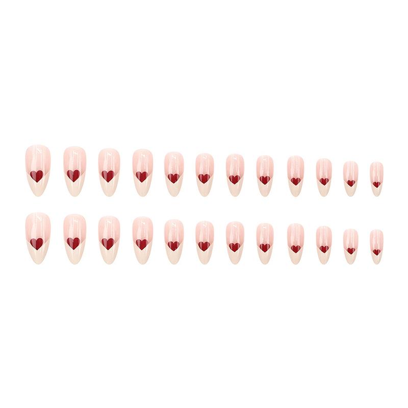 24Pcs Lovely French Heart Love False Nails With Jelly Adhesive Detachable Fake Fingernails Full Cover Press On Nails