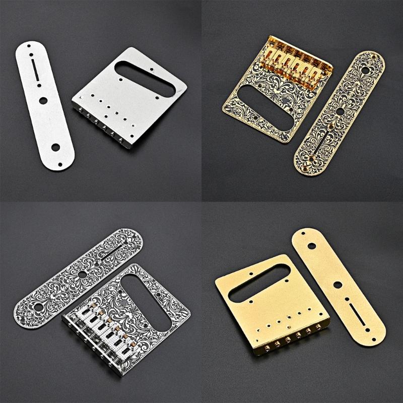 Vintage Carved Pattern Guitar Roller 6-Saddle Bridge and 3-Way Switch Control Plate Set for 6 String Electric Guitars