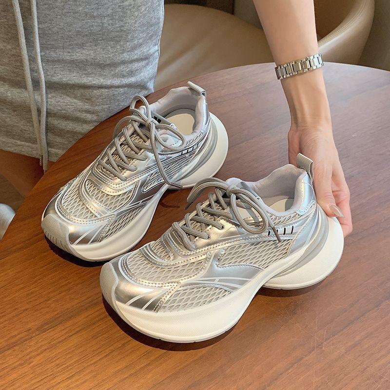 2025 summer new thick-soled heightening dad shoes women's breathable mesh hollow mesh sports versatile casual running shoes