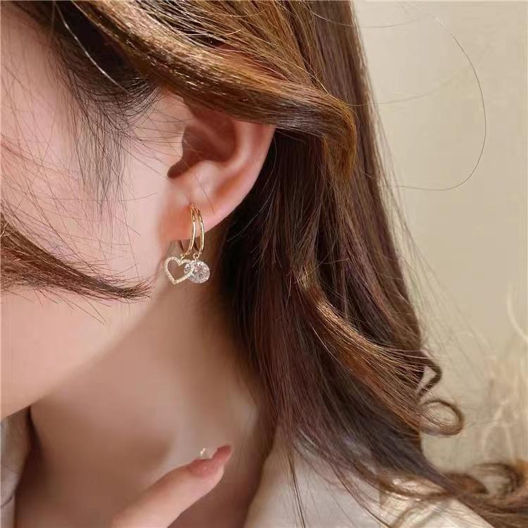 New Fashion Trend 925 Silver Needle Sweet Romantic Zircon Double Circle Love Stud Earrings Women's Jewelry Party Gift
