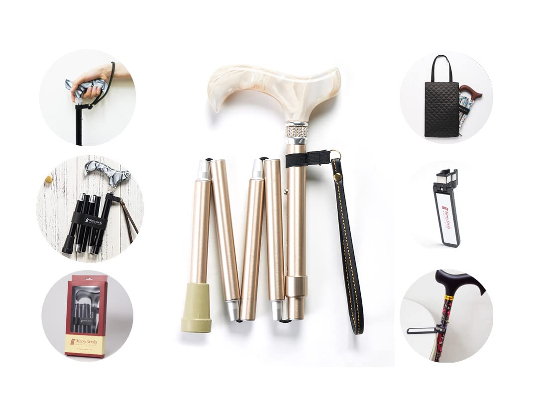 Merry Sticks Folding Walking Stick with Walking Bag Walking Stick Clip Holder Royal Crystal Champagne Gold [Combo Set] / / & /