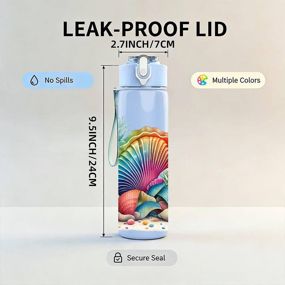 1PC Coral Shell Tropical Ocean Print 750ml Color Plastic Sports Water Bottle Leakproof Flip Straw Lid Suitable for Sports Office Home Use
