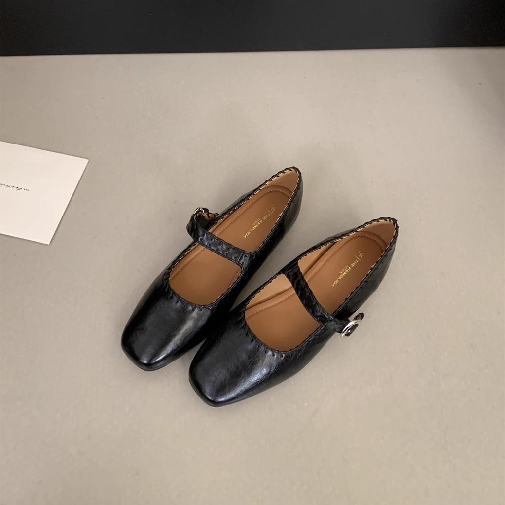 FengLiDa Inner Height Increase Mary Jane Single Shoes Women's 2025 Autumn Retro Square Head Shallow Mouth One-word Buckle Small Leather Shoes