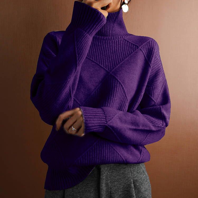European & American Style Loose Knitted Pullover: Women's Solid Color High Neck Diamond Sweater