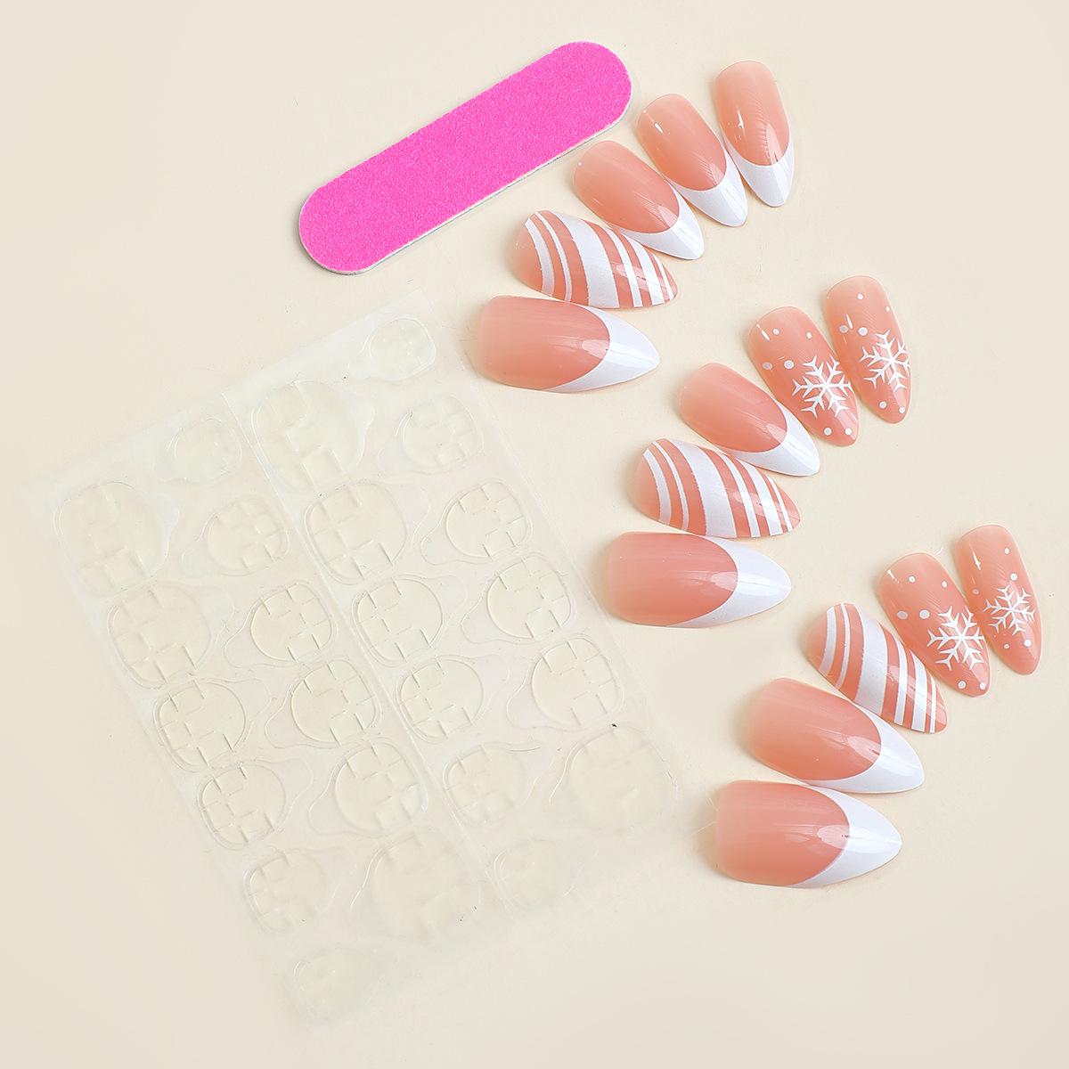 

European & American Christmas Almond-Shaped Press-On Nails - White Snowflake Design