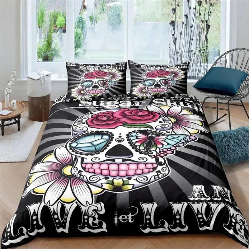 Sugar Skull Duvet Cover Luxury Gothic Skeleton Bedding Set Halloween Theme Floral Comforter Cover Twin Full For Girls Kids Teens