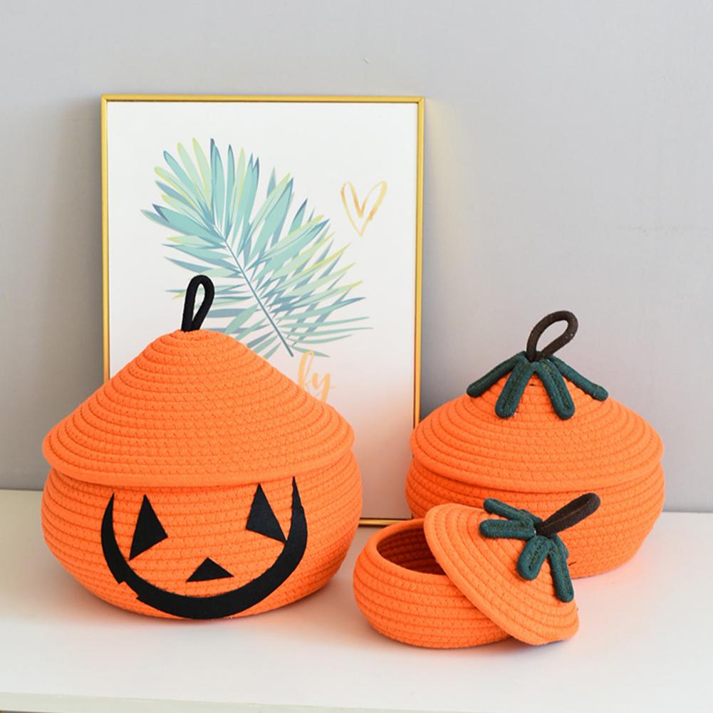 Natural Rope Handmade Basket Handmade Halloween Woven Pumpkin Basket with Lid for Candy Storage Trick or Treat Fun Cute for Kids