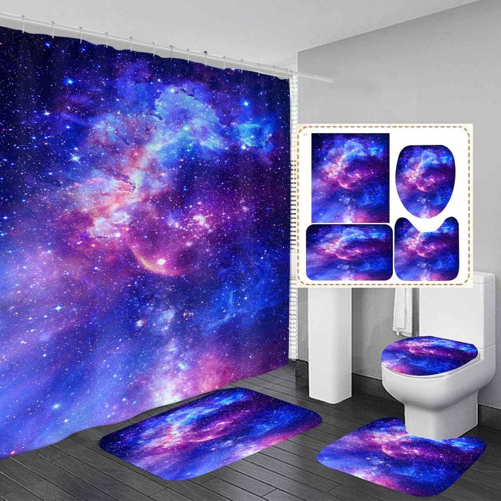 Tenda Doccia Galassia Viola Set Tappetino Antiscivolo Copri Sedile WC Tappetino Bagno Spazio Stellato Tenda Doccia Nebulosa Universo Set Bagno