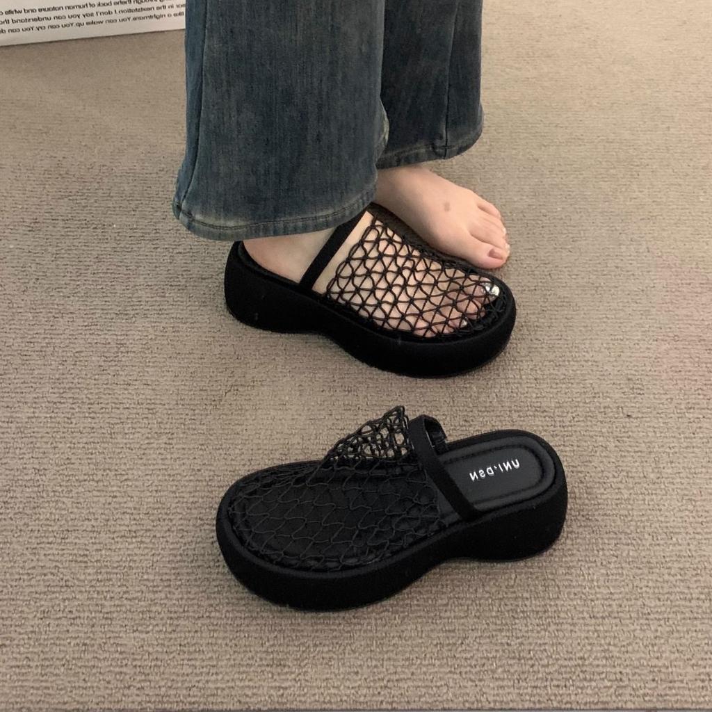 Sandaler med tjock sula och hög klack i ihålig svart tåstil för kvinnor, sommarhöjdökande halvtofflor