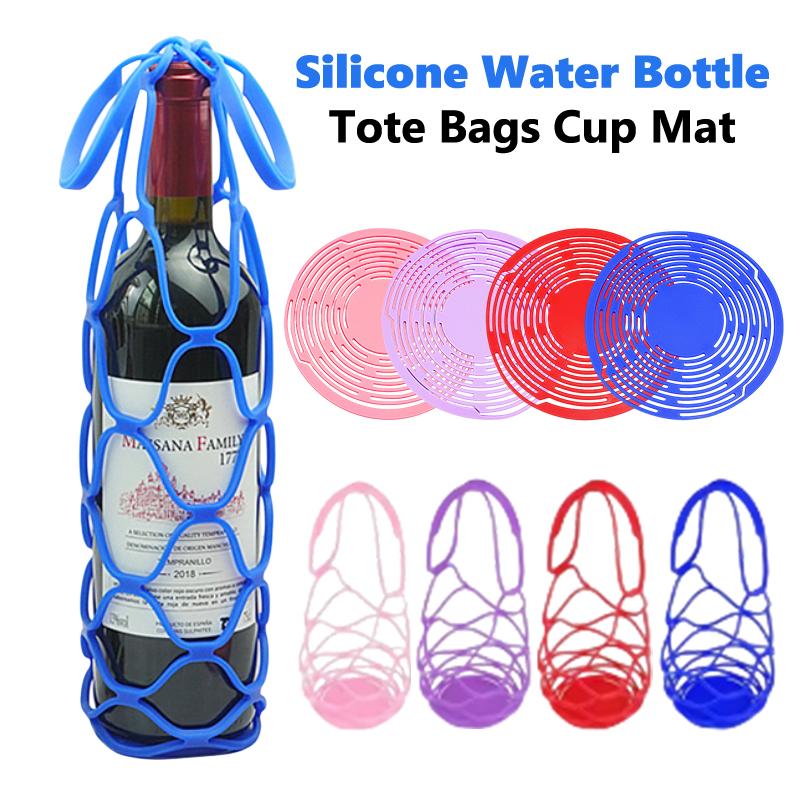 Washable Silicone Wine Bottle Storage Bag Reusable Water Bottle Tote Bags Cup Mat Wine Bottle Mesh Basket For Picnic Organizer