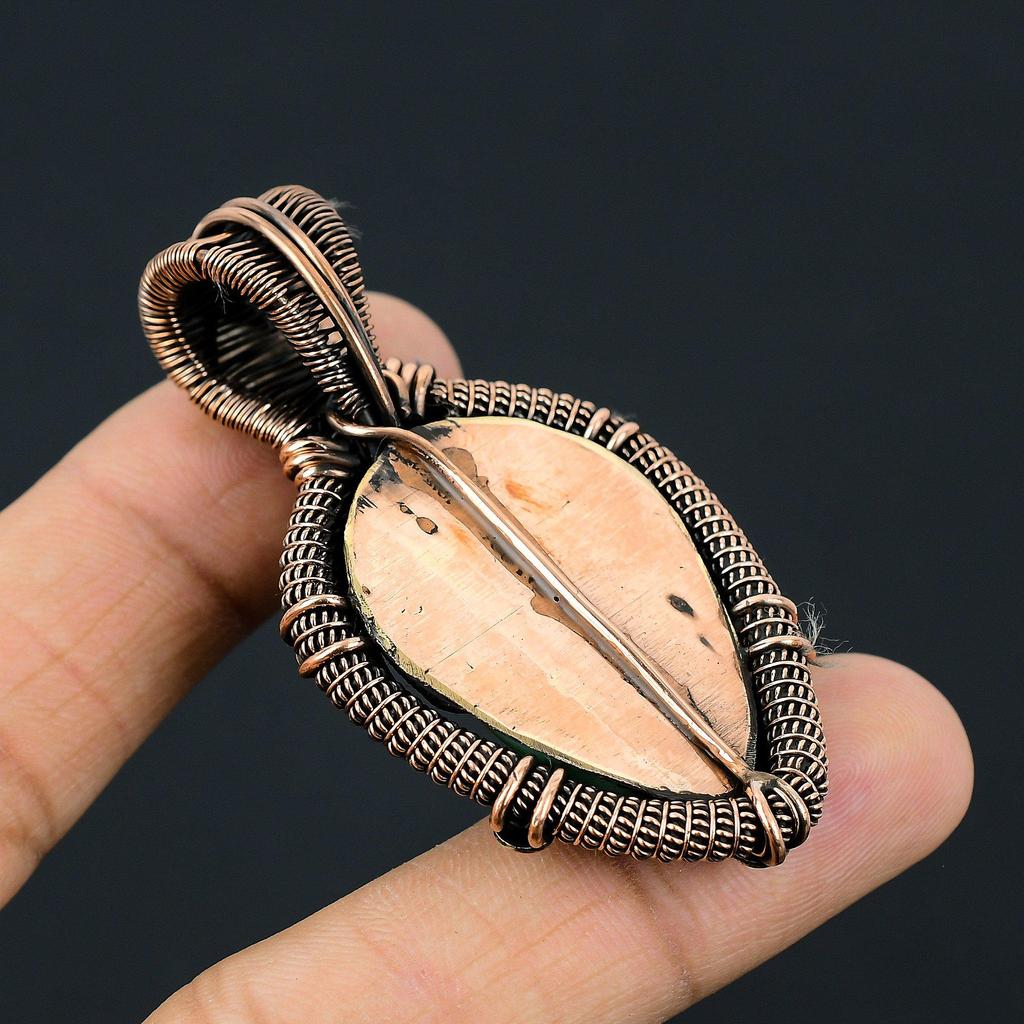 Green Carved Bone Face Gemstone Copper Wire Wrap Pendant Jewelry Gift For Her