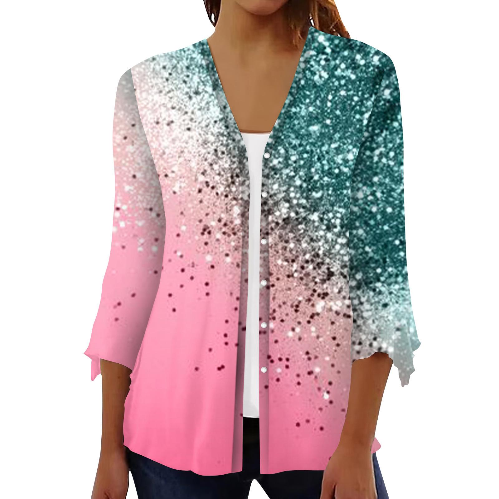 

3/4 Length Sleeve Open Front Cardigan For Women Button Down Retro Floral Cardigan For Dress V Neck Womens Tops Coverup L