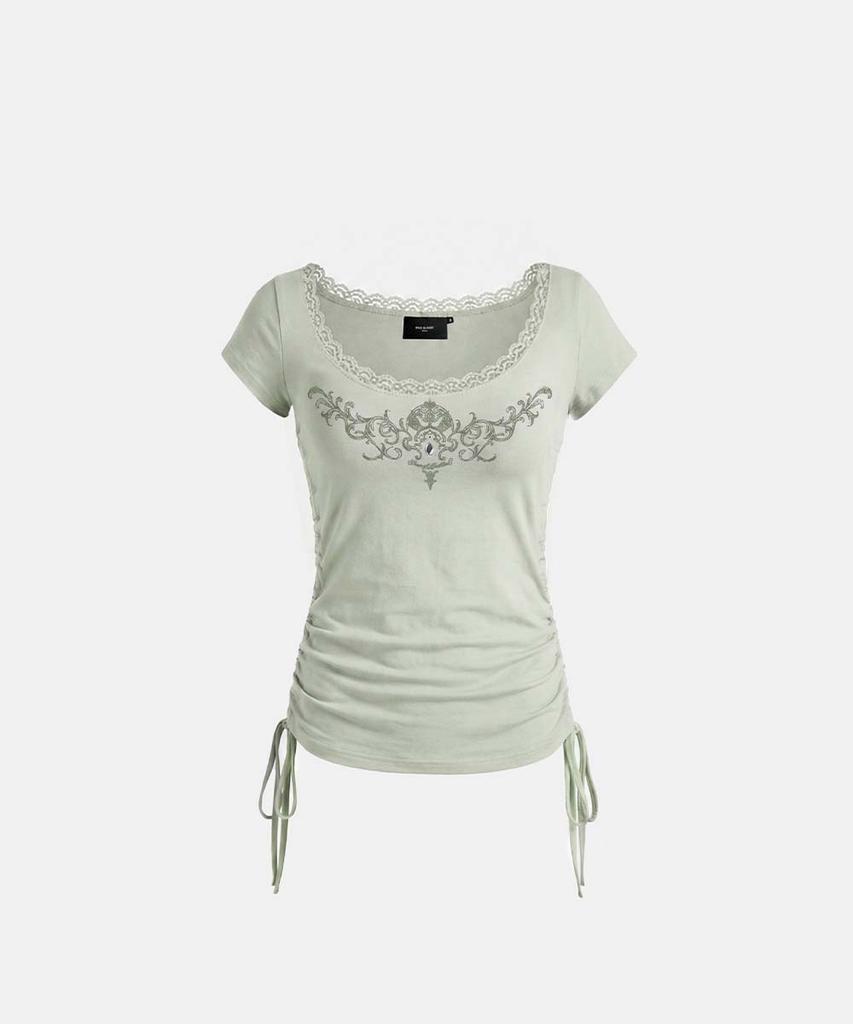 BADBLOOD Rhinestone Emblem Lace Deep Round 1/2 T-Shirt - Green