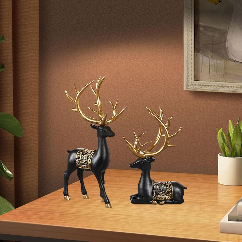 2Pcs Elk Resin Statue Decors Collection Resin Reindeer Sculpture Deer Figurine for Dining Room Desktop Farmhouse Bookshelf Desk